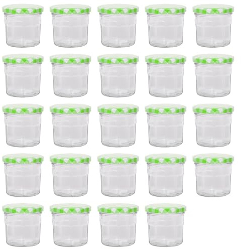 Argon Tableware Glass Jam Jars with Airtight Green Gingham Lids - 130ml - Pack of 24 - Empty Screw Top Kitchen Storage Jar for Food, Honey, Spice, Pickling, Preserving, Candle Making