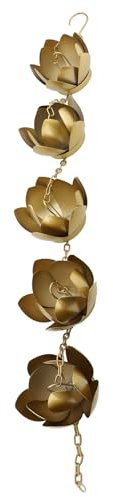 Focket Regenketten-Set, 1,1 M, Verstellbare Länge, Goldfarbene Blume, Verzinktes Eisen, Beständig, Lotusbecher-Regenkette, Regenfängerkette, Leitet Wasser ab und Heimdekoration für die