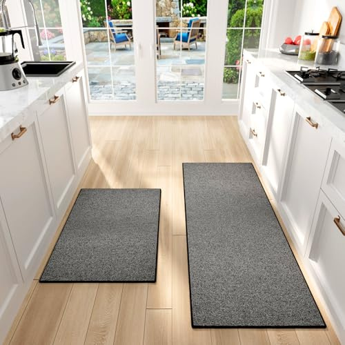 SUMLANS Kitchen Mat Set of 2 PCS, Cushioned Non Slip Rugs for Kitchen Floor, Absorbent Runner Comfort Standing Mats Washable for Kitchen, Office, Home (Black-Velvet, 17.3x47+17.3x30)