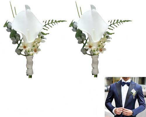 Wuyue Hua 2PCS Artificial Men's calla Boutonniere,Buttonhole Flowers with Pin and Clip Artificial Wedding Flower Bridal Bridesmaid White Corsage for Wedding,Party,Prom Suit Dress Decor