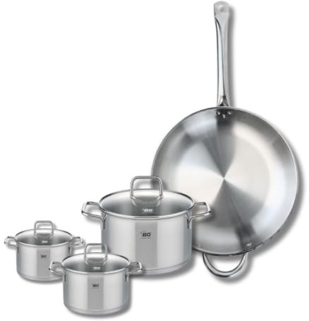 ELO 9500250 - Batería de cocina (4 piezas, juego de 1 sartén de 32 cm y 3 ollas de 12, 16 y 20 cm, Elo Profi Citrin, acero inoxidable, inducción