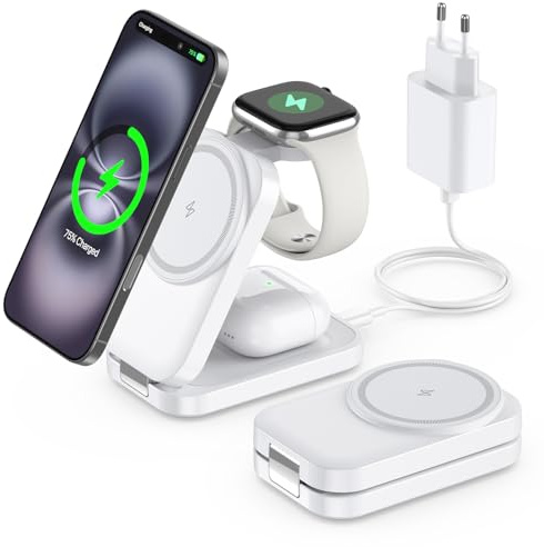 Ladestation kompatibel mit Apple Watch und iPhone,Super Tragbar MagS0fe Ladegerät für iPhone 16 15 14 13 12 Serie, 3 IN 1 MagS0fe Ladestation für Apple Watch AirPods Pro Serie (Weiß)