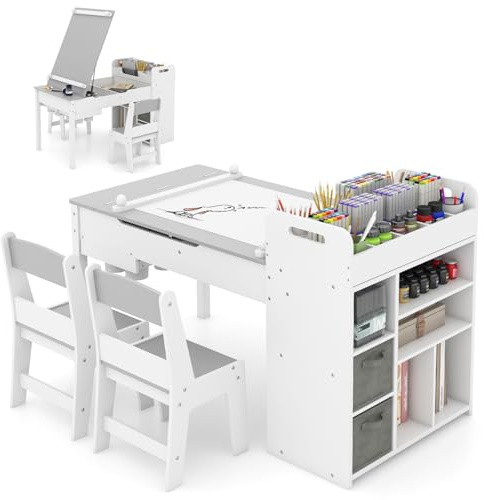 GOPLUS 3 en 1 Table Enfant avec 2 Chaises, Table a Dessin Chevalet avec Pied en Pin, Plateau Rabattable, Porte-Rouleau de Papier, Bureau Enfant avec Rangement,120x60x60cm (Gris)