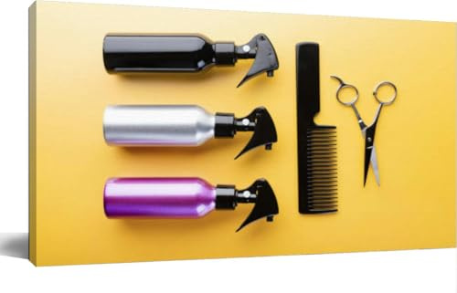 Bathroom Wall Art Decor for Bedroom Living Room Small Canvas Wall Art Framed Set hairdresser equipment: spray bottles thinning scissors and hair Prints Artwork Painting Pictures Kitchen Office