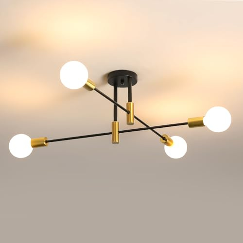 Comely Deckenlampe 4 Flammig E27 Retro Stil Schwarz Gold Metall Deckenleuchte Industrial Design für Wohnzimmer Esszimmer Schlafzimmer Loft Wohnzimmerbeleuchtung