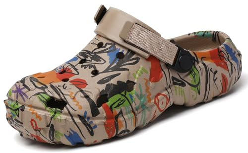 Herren Clogs Gartenschuhe Atmungsaktiv rutschfest | Bedruckte Freizeitschuhe für Strand, Pool, Garten und Sommerwanderungen | Leichte Sandalen mit Stil Khaki 39/40
