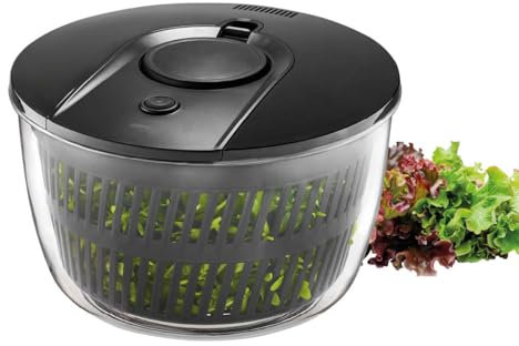 GEFU PUSH IT - Centrifugador de ensalada (diámetro de 25 cm, mecanismo de empuje y botón de parada, boquilla integrada y anillo de silicona antideslizante, 5 L, apto para lavavajillas)