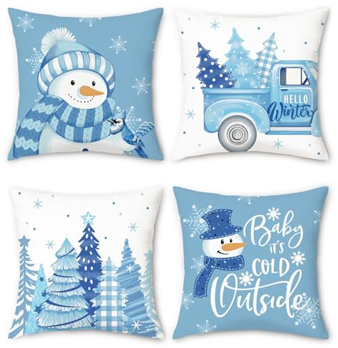 Bonhause 4er Set Kissenbezüge Winter Schneemann 45 x 45 cm Kiefer Baum Schneeflocken LKW Blau Dekorative Kissenhülle für Sofa Schlafzimmer Winter Dekoration