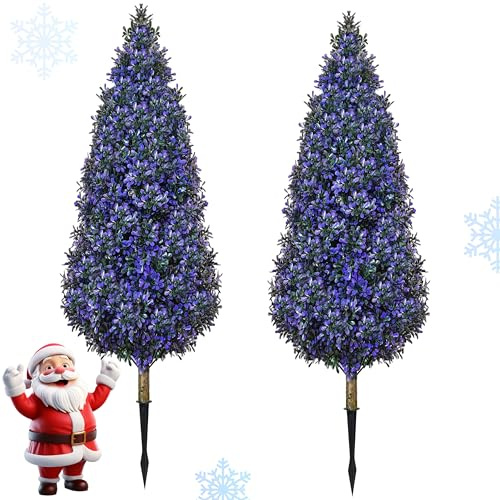 Set of 2 Outdoor Artificial Christmas Trees Decoration, 100cm Xmas Fake Topiary Pathway Tree with Spike for Urn Filler, Front Door, Entrance Indoor Decor, Purple,No Planter