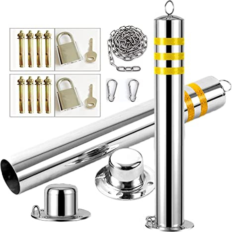 Parking Pile Barrière de stationnement, borne de stationnement for la sécurité des voies, 2 poteaux de stationnement et chaîne d'avertissement de 5 m, borne d'entraînement amovible en acier inoxydable