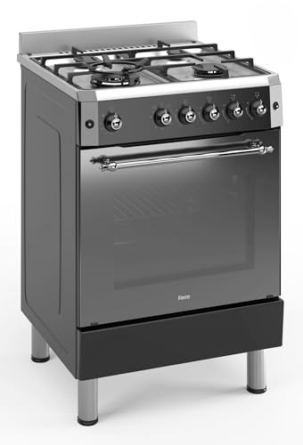 Ferre F6IP40GF-IBL-RETRO 60cm Freestanding Gas Cooker With Wok Burner & Turbo Fan - Shiny Stainless Steel & Black