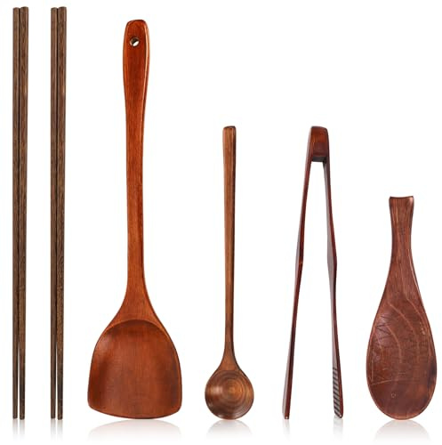 ZOOFOX 6 Pieces Wood Utensils Set, Nonstick Wood Kitchen Utensils with Japanese Style, Wooden Long Chopsticks, Spatula, Toaster Tong, Long Handle Spoon and Fish-shaped Rice Spoon for Cooking