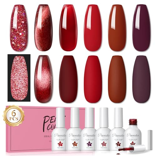 PEACECOLOR 6PCS Esmaltes Semipermanentes para Uñas Rojo, Cat Eye Gel, Jelly Gel Nail Polish, Esmaltes Semipermanentes Brillantina Glitter, Nail Art Manicura 10ML