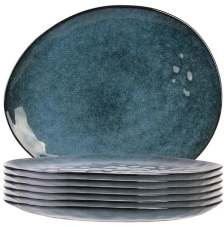 AltoBuy Set de 6 Assiettes Plates Galet en céramique au grés du Temps Bleu (27.5x23cm) - Galet