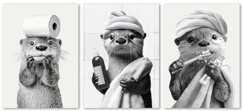 Yoljun 3 Stücke Otter Badezimmer Poster, Niedliches Ottermuster Badezimmer Deko Wandkunst, Einzigartig Toilette WC Deko Ornamente, Wand Kunstdruck für Toilette, 40 × 30 Cm