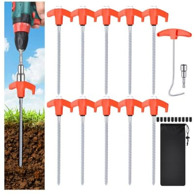 Zourglow 10 Piquetas Camping Atornillable, Estacas para Tienda de Campaña con Extractor de Carpa, Manga Hexagonal y Bolsa de Almacenamiento, Piquetas Suelo Duro de Acero para Aire Libre Pradera Jardín