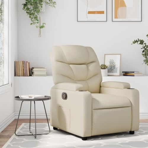 Yunovire Relaxfåtölj gräddvit konstläder, manuellt justerbar, 135° lutning, med mugghållare, sidoficka, för vardagsrum, sovrum, bekväm sittupplevelse, 110 kg lastkapacitet