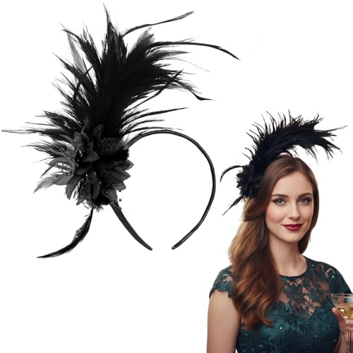 Fascia con piume anni '20, fascinator nero per donne, accessori eleganti stile Flapper per matrimoni, tè pomeridiani, eventi in costume e occasioni retrò