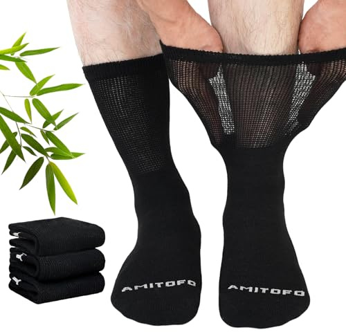 LOFIR Diabetiska strumpor för män kvinnor: Bambu extra bred crew-strumpa med lös passform mjuk topp - icke elastisk mild sömlös vadderad häl och tå för svullna fötter ankel ben 3 par storlek 6-8 svart