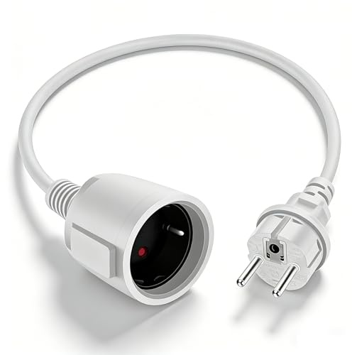 Cavo di prolunga Schuko, corto, con contatto di protezione, bianco, 16 A/250 V, cavo di alimentazione prolunga, 3 x 1,5 mm², 16 A, 250 V, IP44, per casa, ufficio, esterno