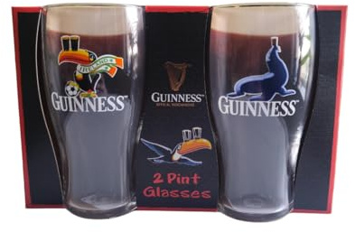 Guinness Pint Glasses Set of 2 – 16 cm Glass – Ireland Scarf Toucan & Sea Lion Designs – Official Merchandise