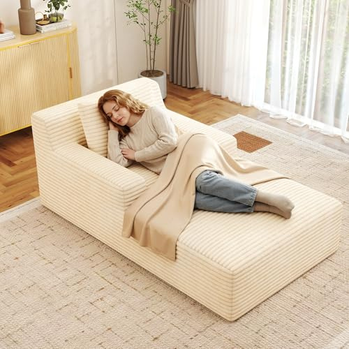 Fijinhom Boneless Sofa Modernes Cord Bodensofa mit Schlaffunktion – Chaiselongue Loungesofa, Bequeme Sofa Couch für Wohnzimmer, Keine Montage erforderlich, 1 Kissen, Beige, 160 * 105 * 72
