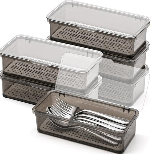 PBSKM 6 Pack Cutlery Organiser Boxes with Lids, 27 x 9 x 7 cm, Grey | Stackable Utensil Trays with Removable Drainer for Fork Spoon, Cutlery Containers for Kitchen Countertops Camping Caravans