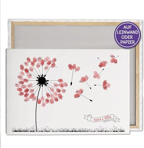 FEENSTAUB Leinwand Fingerabdruck Hochzeit personalisiert, Gästebuch Hochzeit mal anders, Hochzeitsbaum, Leinenpapier oder Leinwand Fingerabdruck Hochzeit, Hochzeitsgeschenk Weddingtree Pusteblume