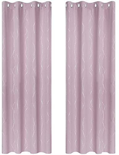 Deconovo Lot de 2 Rideaux Occultant Rose Pale pour Enfant Fille Isolant Thermique Anti Froid Rideaux à Oeillets Les Point-Lignes Imprimés Argents 140x180cm