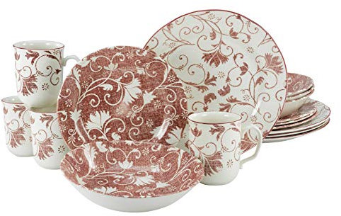 CreaTable, 22257, série Damask rouge, service de table, service combiné 16 pièces