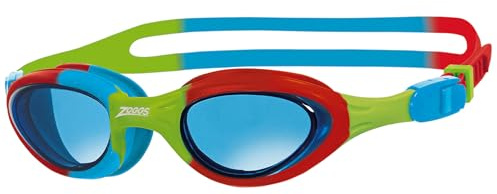 Zoggs Super Seal Swimming Goggles Kids (Age 6-14, Blue Tinted Lens, Red/Green/Blue) UV Protection, Anti-Fog, Junior Boys & Girls Quick Adjust, Split Yoke Strap, Kids Goggles