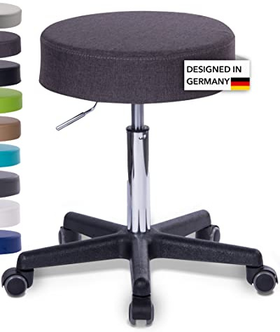 1stuff Profi Rollhocker Squash 40, Höhe 51-71cm, 40cm breit (Stoff-Grau) | 1stuff-Qualität designed in Germany, Sitzhocker höhenverstellbar, Drehhocker 360°, Praxishocker, Arzthocker, PU-Rollen