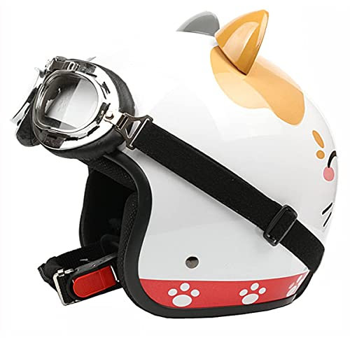 MRDAER Erwachsener Vintage 3/4 Jethelm mit Katzenohren Mädchen Frauen Motorrad Retrohelm mit Sonnenblende Sommer atmungsaktiv Gewicht ECE Zertifiziert (54-60cm)