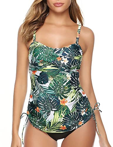 Gyabnw Tankini da Mare Donna Costume Bagno Due Pezzi Stampato Reggiseno Scollo V Costume Mare Push Up Sexy Regolabile B-Foglia Verde,XXL