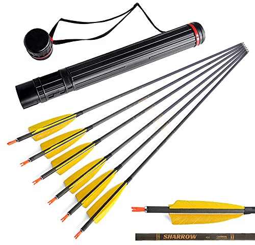 SHARROW 12 Stücke Carbonpfeile 34 Zoll Bogenpfeile mit Naturfedern Jagd Pfeile für Bogen 400 Spine Carbon Pfeile für Recurvebogen Compound Bogen (Gelb+Köcher)