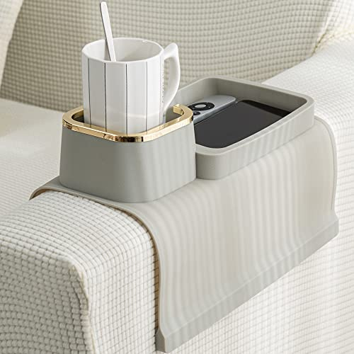 Couch Cup Holder Tray, Elimiko Silicone Anti-Spill and Anti-Slip Couch Drink Holder, Strong and Weighted Phone/Remote/Snacks Sofa Cup Holder (Griege)