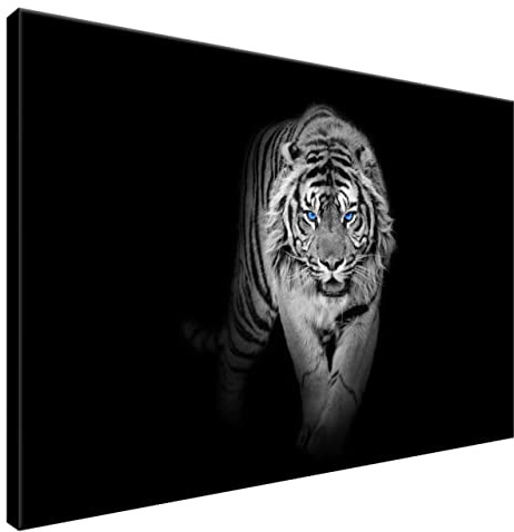 Estika Leinwand bilder - Schwarz-weißer Tiger, Blau Augen - 90x60 cm, 1 teilige kunstdruck - Wandbilder wohnzimmer, schlafzimmer, Moderne wanddeko, Bild auf leinwand - Tiere bilder - 4968A_1L