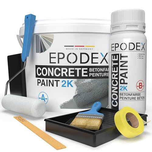 EPODEX 2K Betonfarbe, Bodenfarbe mit Zubehör für Garagenbodenbeschichtung, Epoxidharz Bodenbeschichtung, hochdeckend, wasserfest, Keller, Garage, Werkstatt, 1.8kg - 7m² für 2 Anstriche