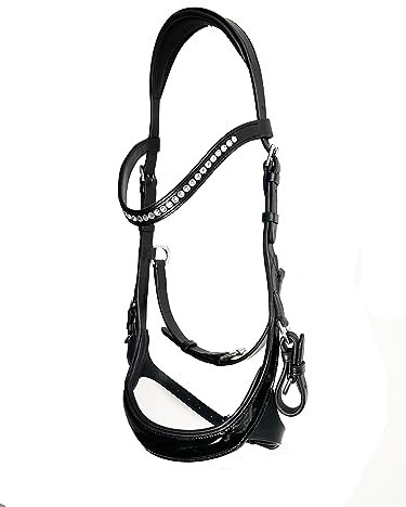 Leone Equipment Premium Trense für Pferde mit Stirnriemen Lackleder, Schwartz - Anatomisch Trense mit Zügel - Zaumzeug Bridle Pferd Zubehör für Warmblut Full