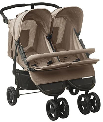 Hommdiy Geschwisterwagen mit Frontstoßstange Korb Zusammenklappbar Verstellbar Kinderwagen Zwillingswagen Zwillingsbuggy Buggy Taupe Stahl