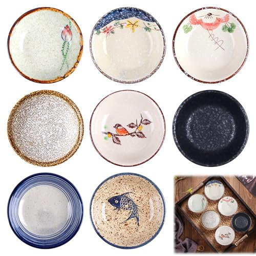 Vegena Ciotole in ceramica Art Déco, confezione da 8, diametro 10 cm, altezza 2,5 cm, multicolore, realizzate a mano, lavabili in lavastoviglie, adatte al microonde, ideali per antipasti, dessert