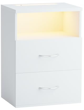 Casaria Nachttisch mit LED Ablagefach Weiß | 40x28x55 cm, für Boxspringbett, 55cm Komfortable Höhe, Schlafzimmer, Haushalt, Beistelltisch, Dimmbare Beleuchtung, Holz
