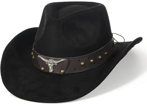 EOZY Cappello da cowboy in camoscio occidentale per uomo e donna, cappello vintage rimovibile, cappello in camoscio – cappello country musica festival – protezione leggera contro la pioggia, Nero , 56