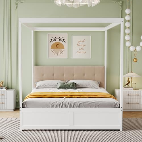 BNUZ Letto a baldacchino, con grandi cassetti e schienale morbido, letto in legno, bianco, 140 x 200 cm