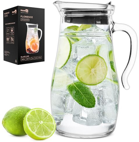 Homiu 1.8L Glass Water Jug with Lid Elegant Glass Pitcher for Juice, Milk, Cold Brew Coffee & Iced Tea Durable Beverage Carafe for Home & Kitchen