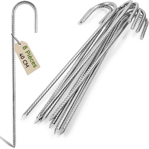 Graxury 8Packs 16inch Heavy Duty Trampoline Tents Anchor Ground Pegs - Galvanized Steel Rust-Proof J Hook Rebar Stakes Fit Trampolines Camp Garden Shed Swings with Chisel Point End