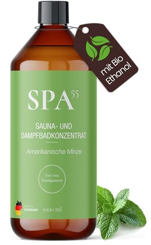 SPA55 Saunaaufguss 1000ml Freiheitswind (Amerikanische Minze) – Sauna Zubehör & Sauna Aufgussmittel für intensiven Saunaduft – mit Bio-Ethanol, ohne Emulgatoren, recycelte Flasche | Made in Germany