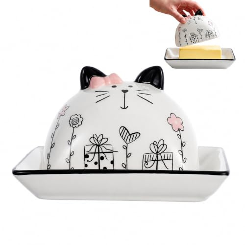 MUCKLILY Ceramic Butter Dish, Cat Design for Kitchen Countertop Daily Use | Small butter dish with lid, 14.8 x 12 x 9.5 cm for fridge shelves, breakfast tables, cheese portions and tidy covered storage