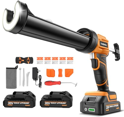THIS HILL 10oz /300ml Electric Caulking Gun,20V Battery Powered Caulk Gun w/Two 2.0Ah Battery,4 Speeds,9Pcs Silicone Caulking Tools,Dripless Caulking Gun for Sealing&Filling