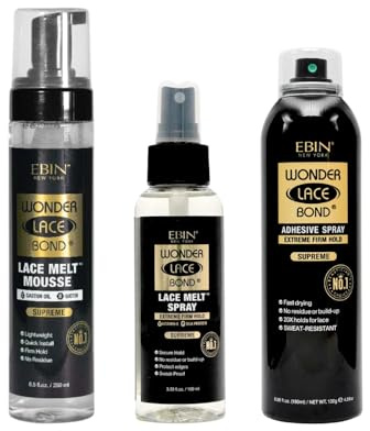 EBIN NEW YORK Wonder Lace Bond Melt Mousse 8.5 oz Bundle with Melting Spray 3.39 oz and Adhesive Spray 6.08oz Firm Hold Lace Wig Sprays, Seamless Wig Application – Gift Set (3 Items)